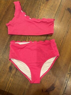 Old Navy Hot Pink Scalloped One-Shoulder Bikini Set